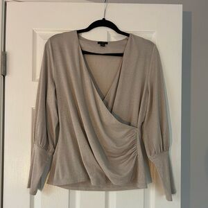 NWT Ann Taylor Beige Wrap Top Sparkly Knit Long Sleeve Petite Large
